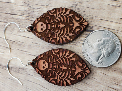 SS Day of the Dead Skull earrings - Laser cut Lightweight Wood earrings - Sterling Silver Hooks