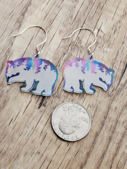 SP Northern Light Treeline Polar Bear earrings - Laser cut Lightweight Acrylic earrings - Silver Plated Hooks
