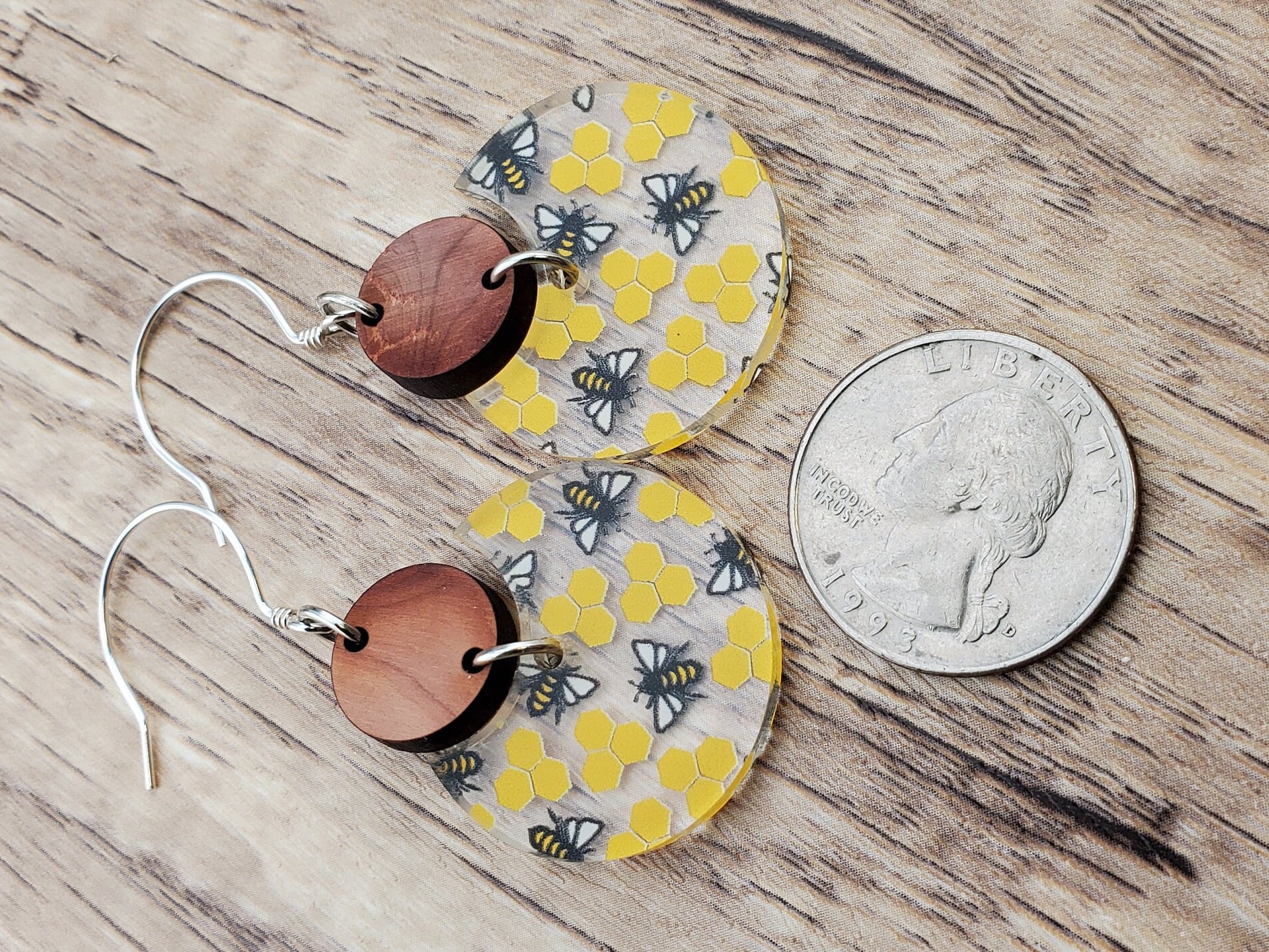 SS Honey Bee Dangle Earrings - Laser cut Lightweight Wood and Acrylic earrings - Sterling Silver Hooks