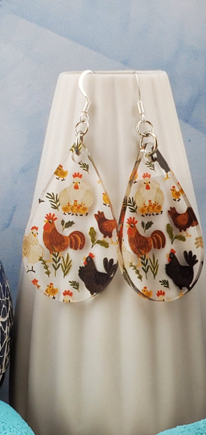 SP Feathered Friends - Chickens - Laser cut Lightweight Acrylic earrings - Silver Plated Hooks