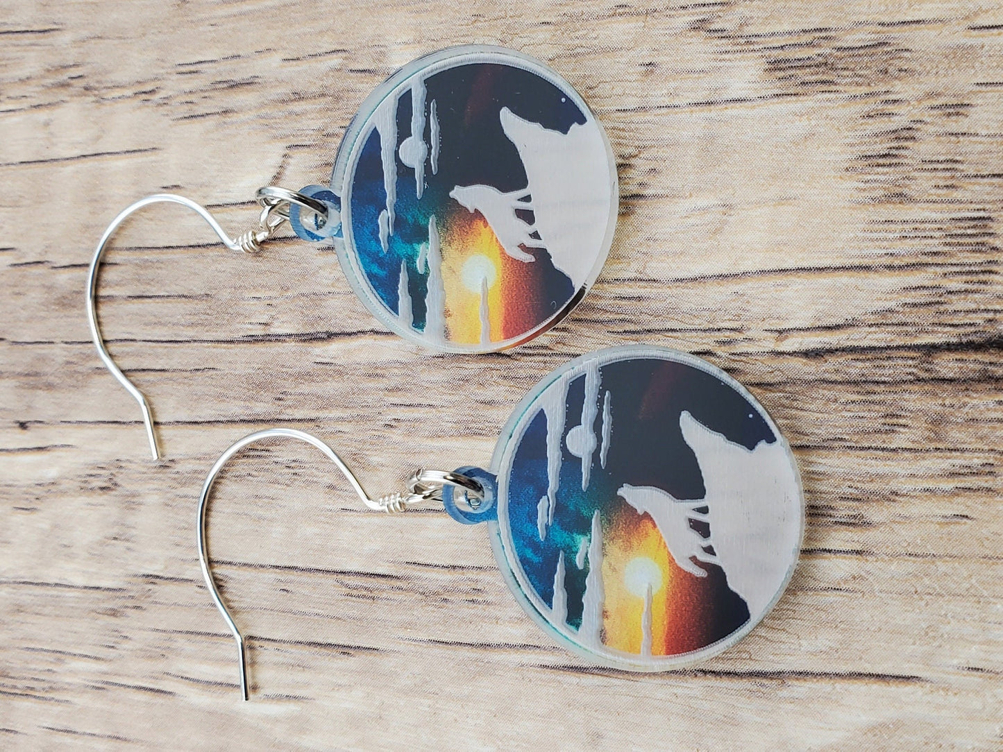 SS Howling Wolf- Sunset Sky earrings - Laser cut Lightweight Acrylic earrings - Sterling Silver Hooks