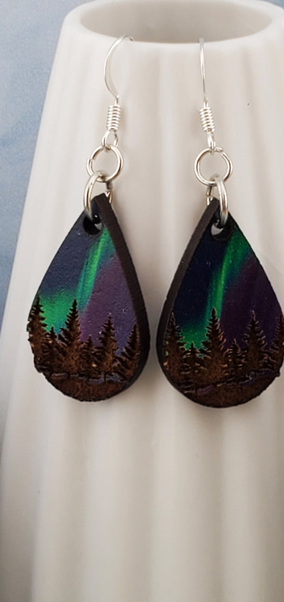 SP Northern Light sky Treeline earrings - Laser cut Lightweight Wood earrings - Silver Plated Hooks