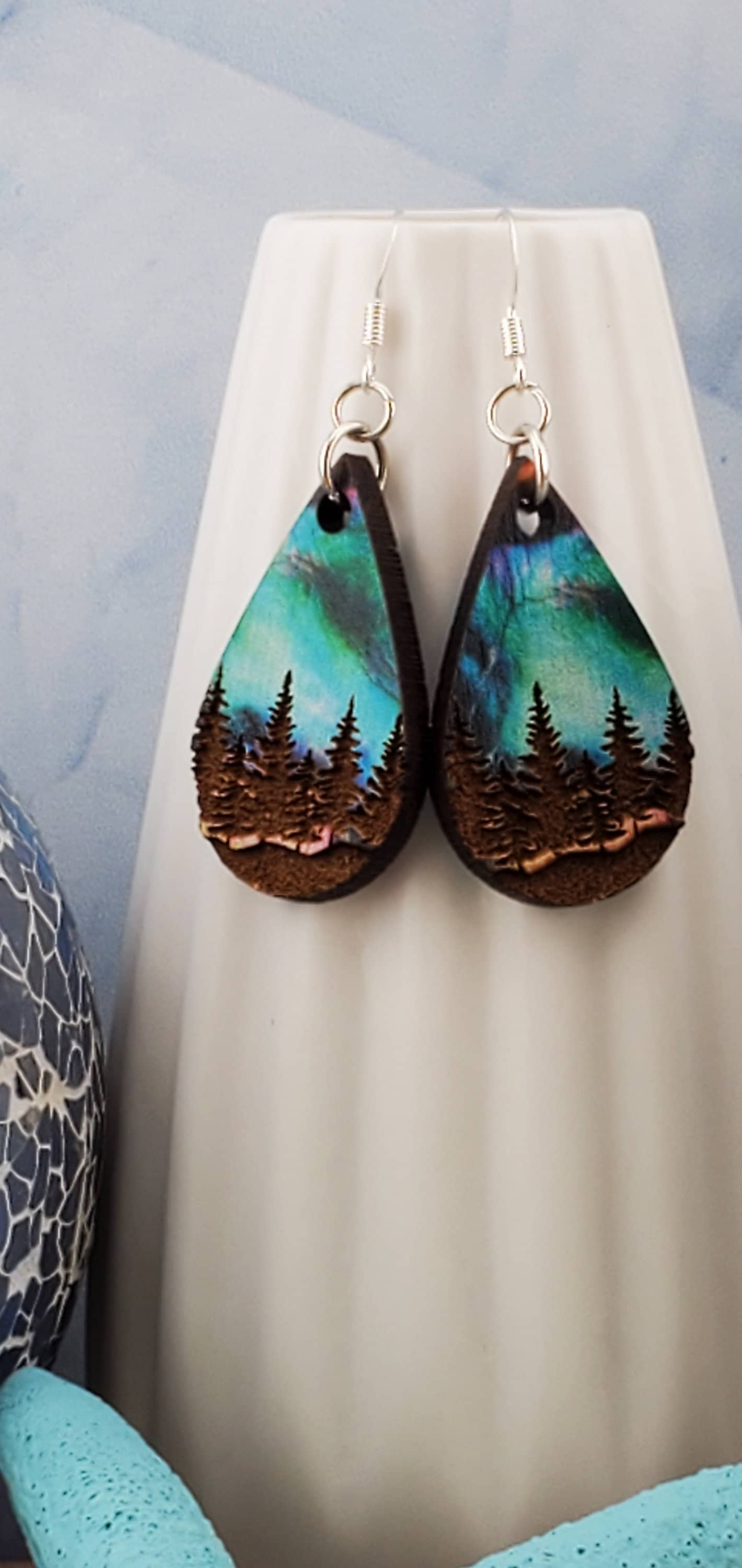 SP Northern Lights Tree Line earrings - Laser cut Lightweight Wood earrings - Silver Plated Hooks