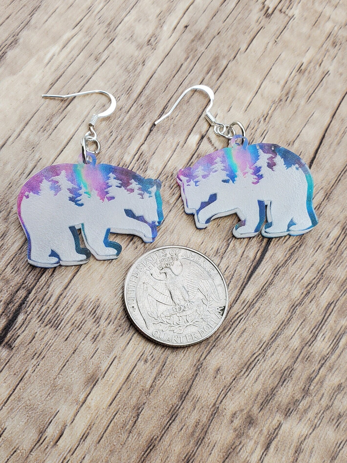 SP Northern Light Treeline Polar Bear earrings - Laser cut Lightweight Acrylic earrings - Silver Plated Hooks