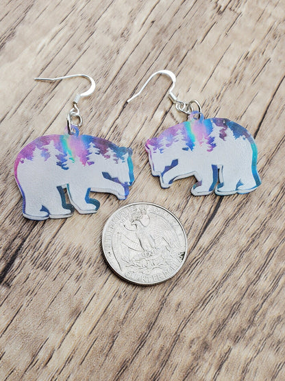 SP Northern Light Treeline Polar Bear earrings - Laser cut Lightweight Acrylic earrings - Silver Plated Hooks