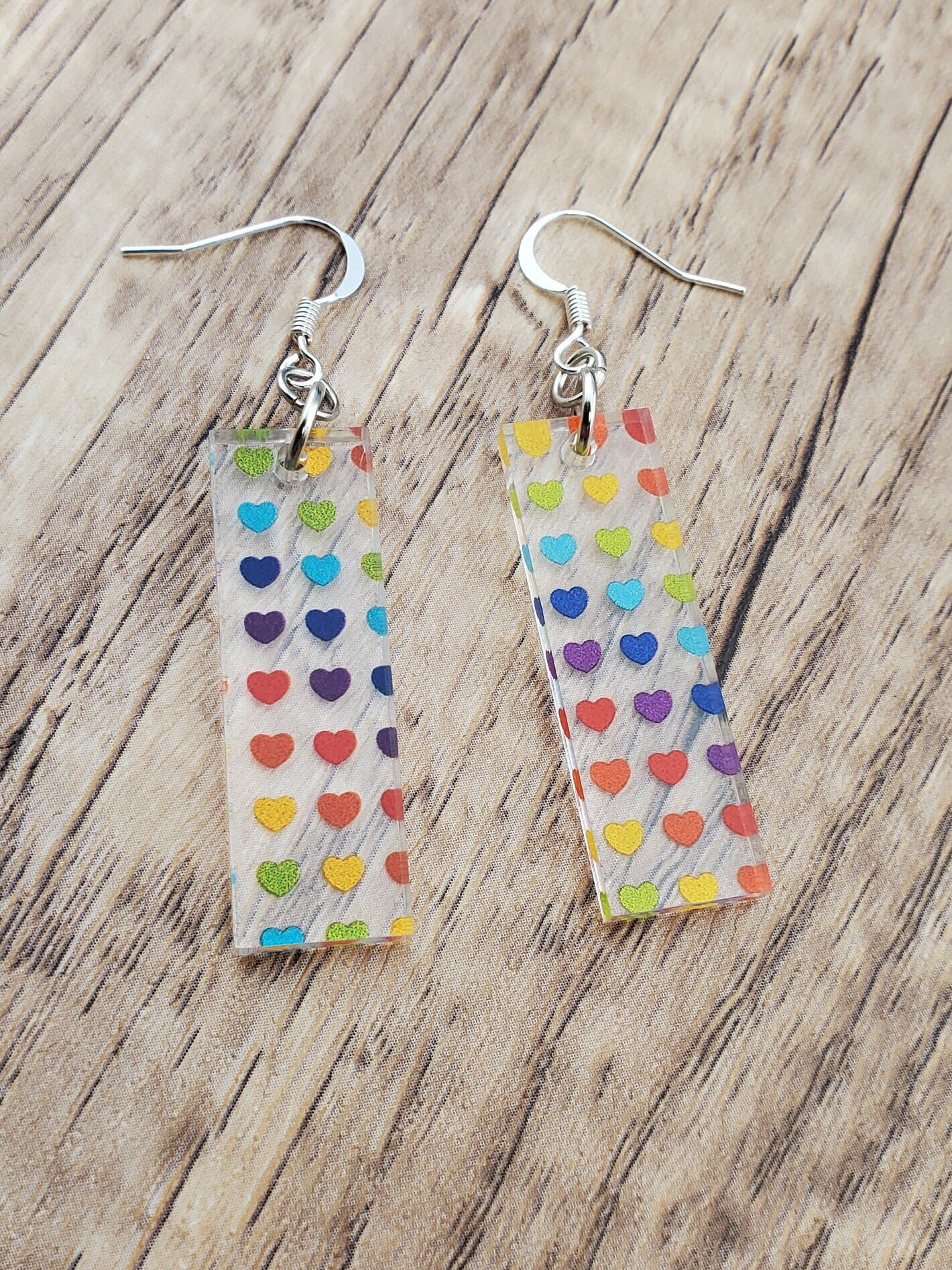 SP Rainbow Hearts - Laser cut Lightweight Acrylic earrings -Silver Plated Hooks