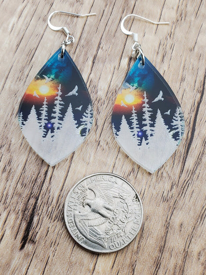 SP Mountain and Lake Sunset Sky - Laser cut Lightweight Acrylic earrings - Silver Plated Hooks