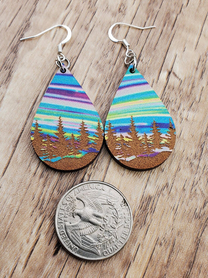 SP Colorful Tree Line earrings - Laser cut Lightweight Wood earrings - Silver Plated Hooks