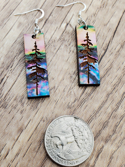 SP Colorful Mountain Sky and Tree earrings - Laser cut Lightweight Wood earrings - Silver Plated Hooks