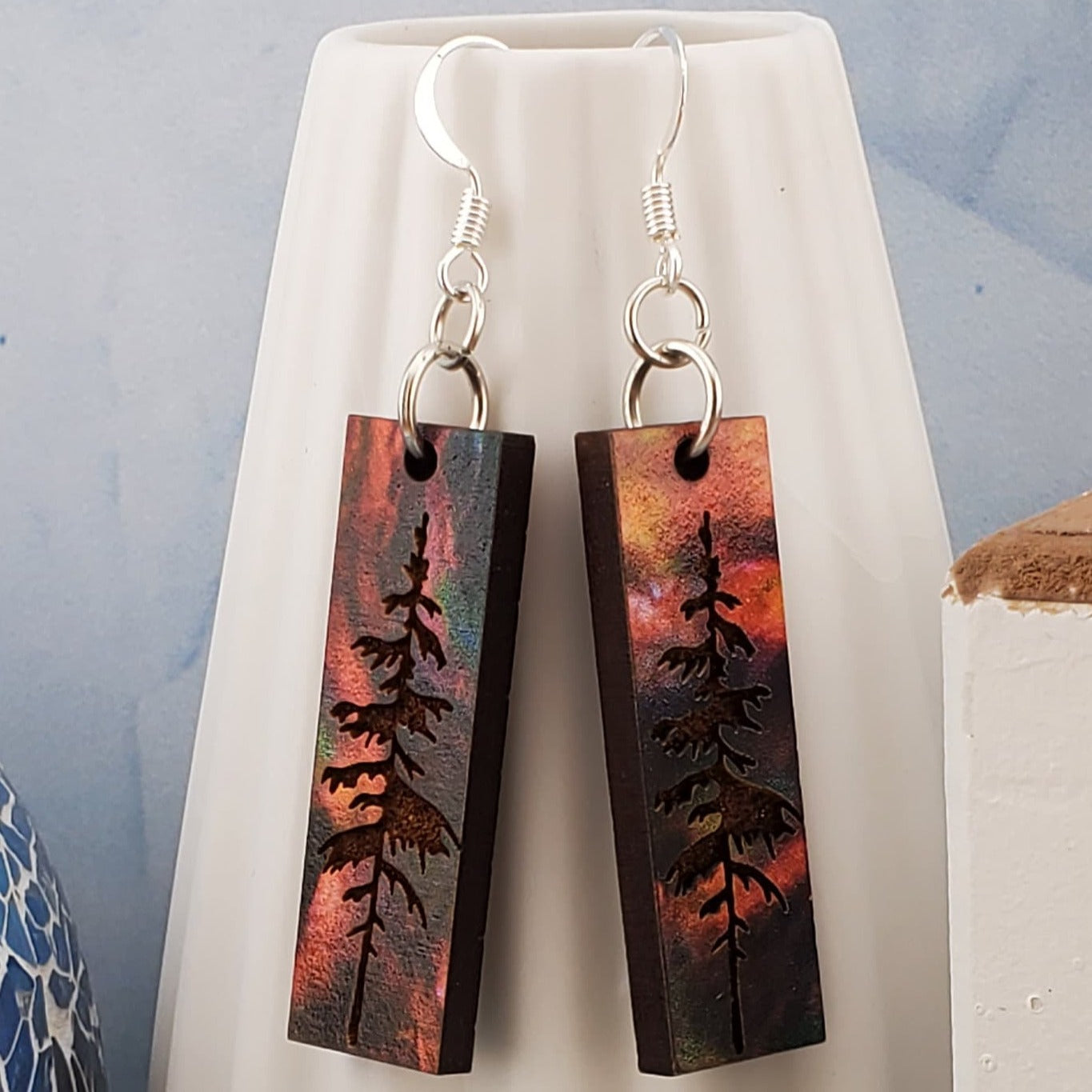 SP Harvest Mountain Sky and Tree earrings - Laser cut Lightweight Wood earrings - Silver Plated Hooks