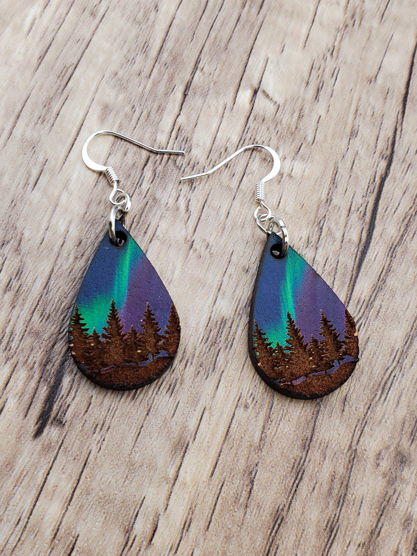 SP Northern Light sky Treeline earrings - Laser cut Lightweight Wood earrings - Silver Plated Hooks