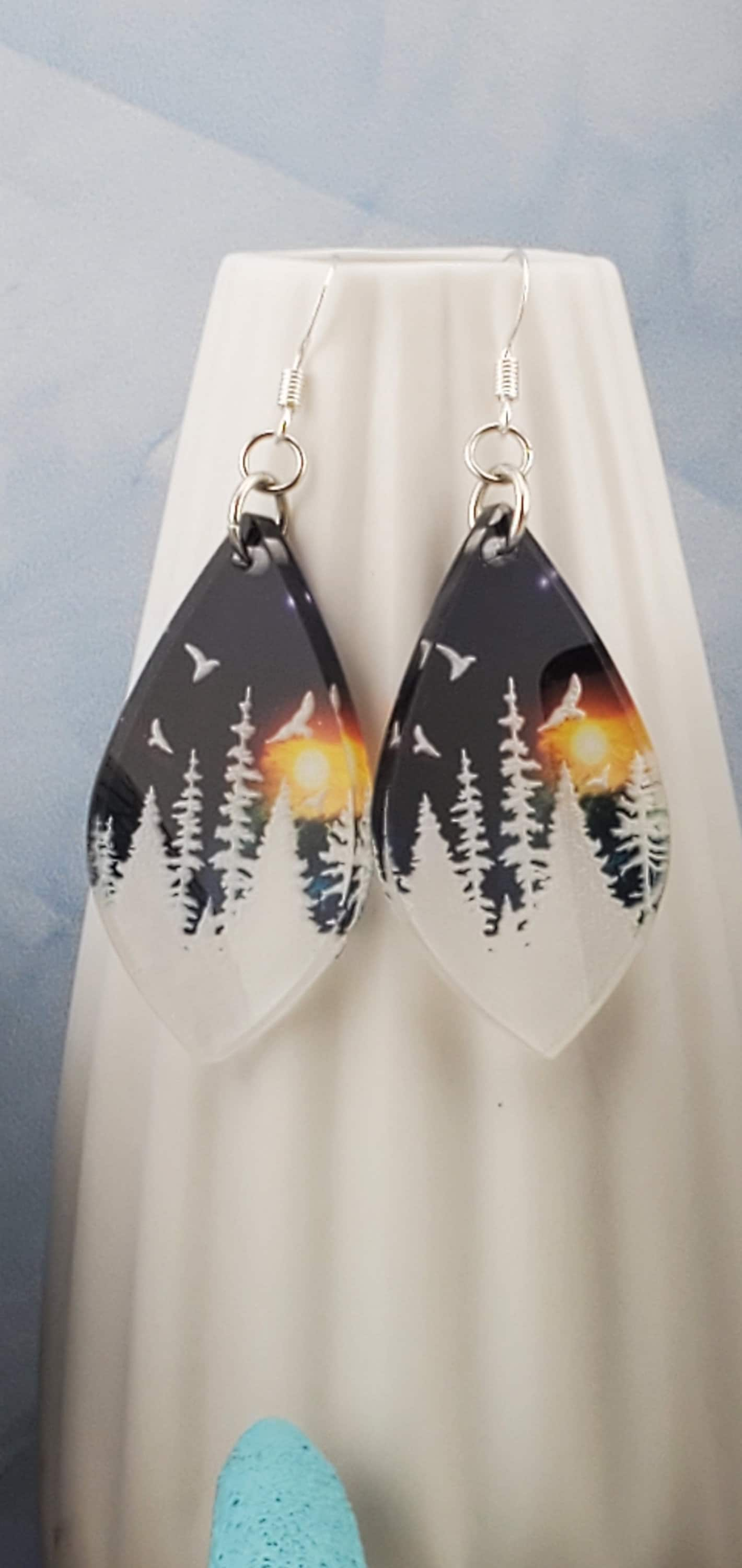 SP Mountain and Lake Sunset Sky - Laser cut Lightweight Acrylic earrings - Silver Plated Hooks