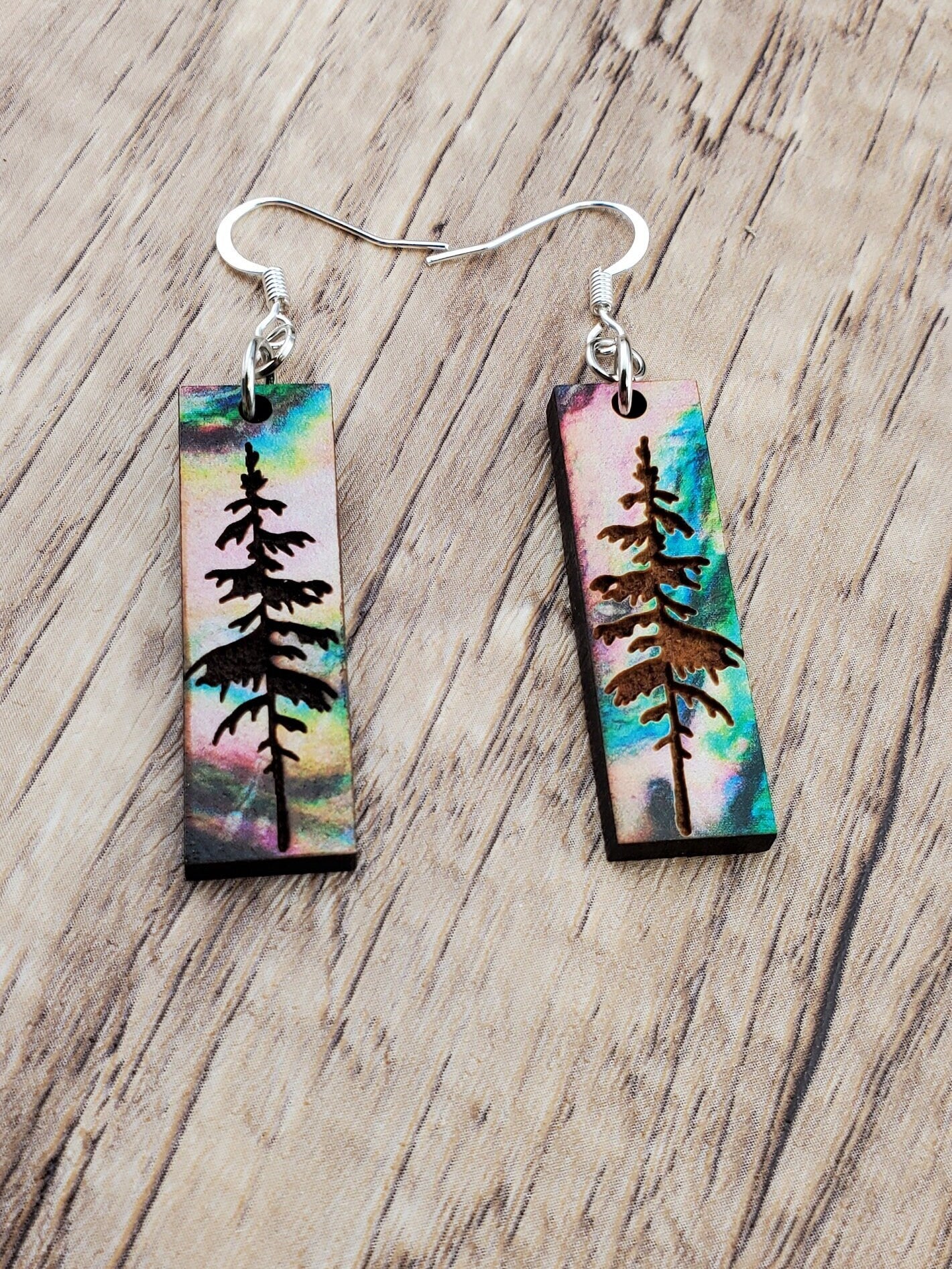 SP Colorful Mountain Sky and Tree earrings - Laser cut Lightweight Wood earrings - Silver Plated Hooks