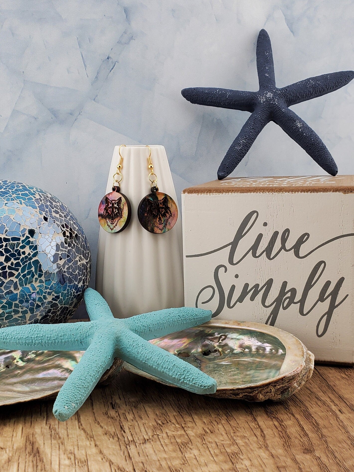 GP Colorful Wolf - Laser cut Lightweight Wood earrings - Gold Plated Hooks