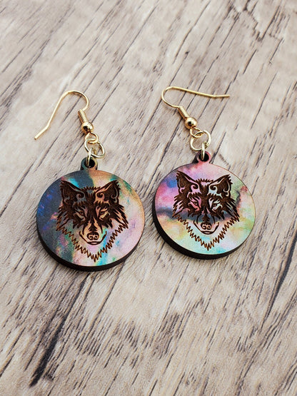 GP Colorful Wolf - Laser cut Lightweight Wood earrings - Gold Plated Hooks