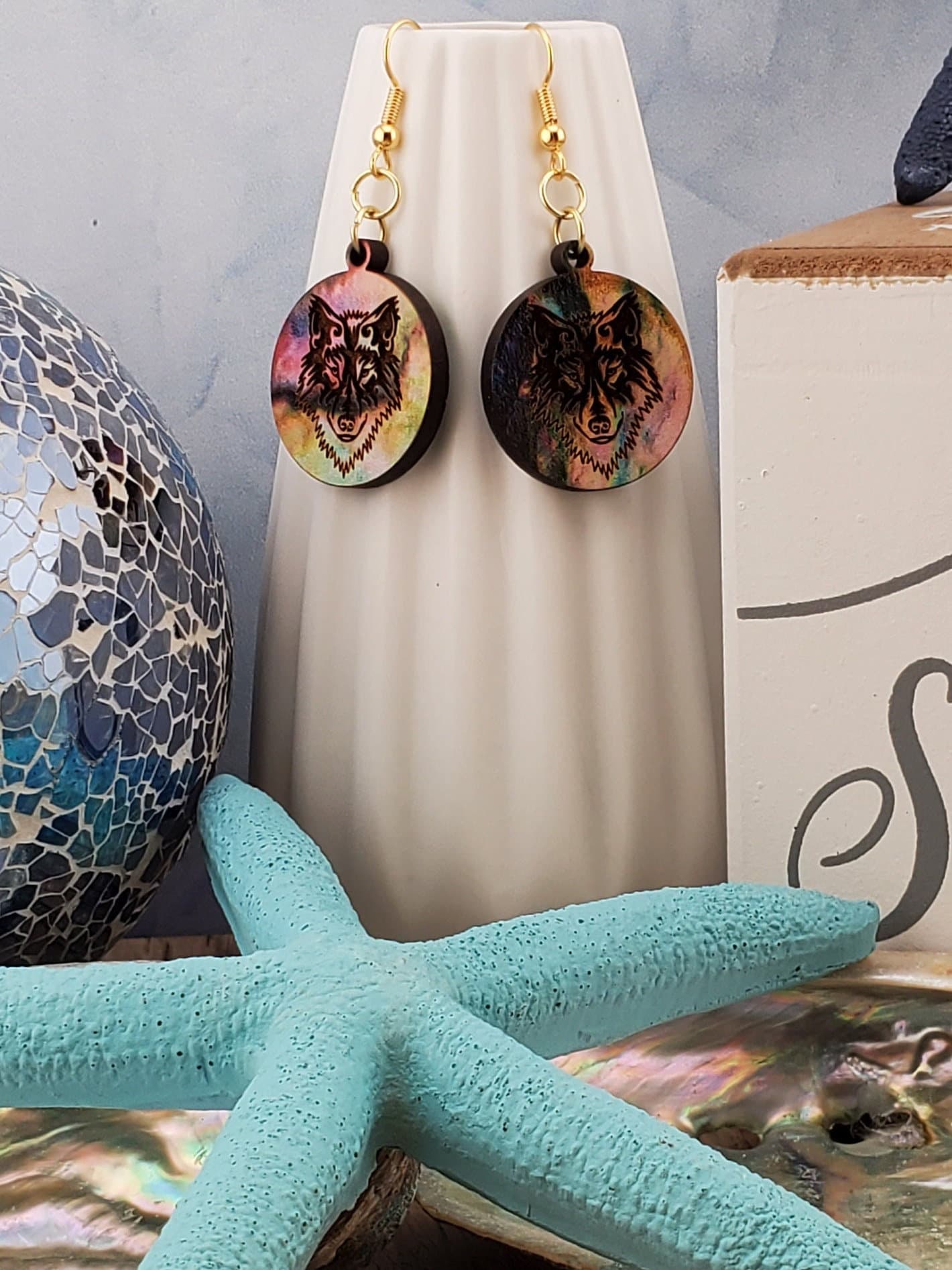 GP Colorful Wolf - Laser cut Lightweight Wood earrings - Gold Plated Hooks