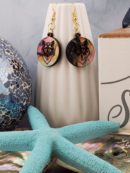 GP Colorful Wolf - Laser cut Lightweight Wood earrings - Gold Plated Hooks