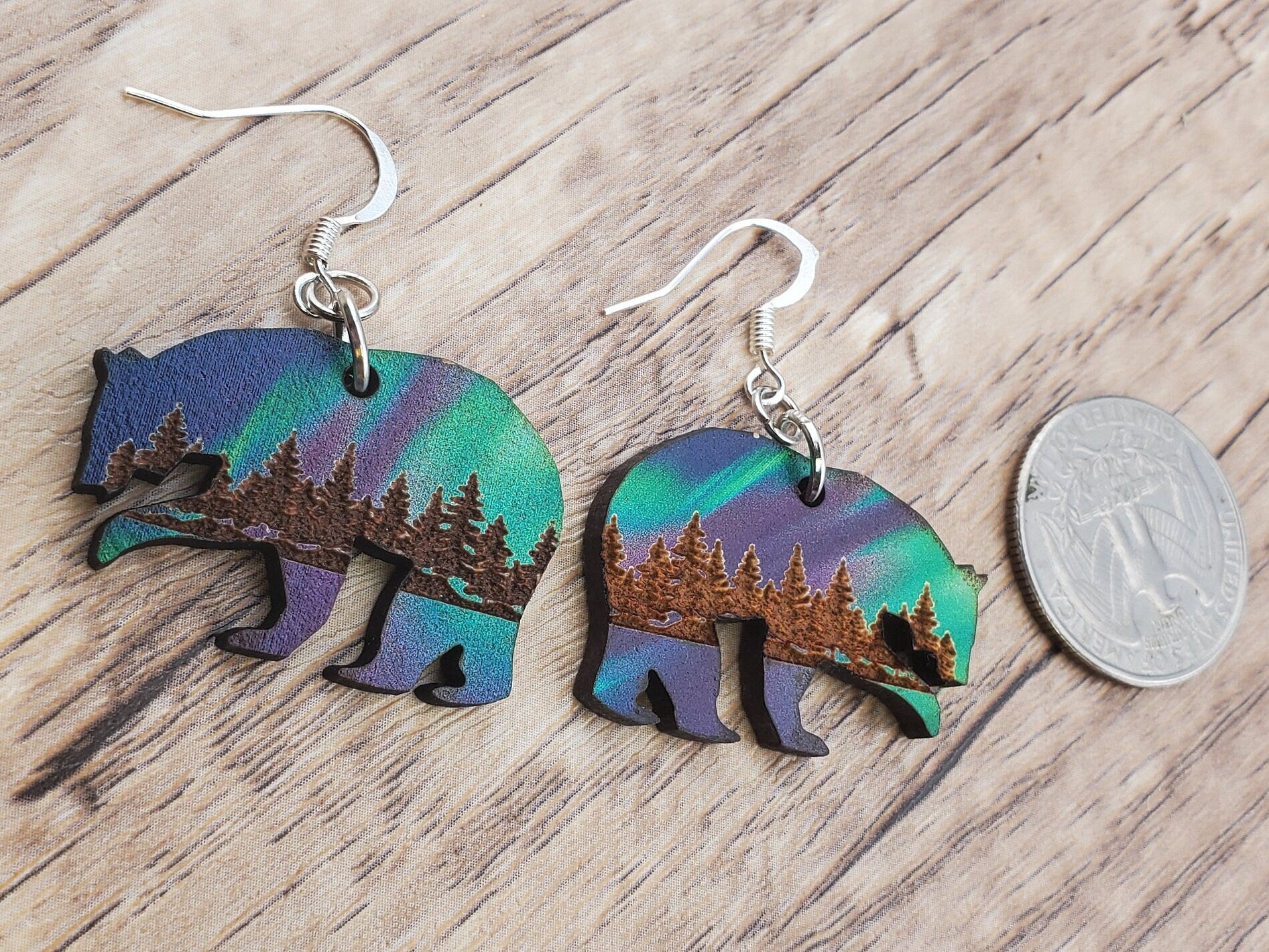 SP Northern Lights Polar Bear - Laser cut Lightweight Wood earrings - Silver Plated Hooks