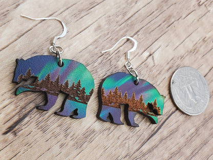 SP Northern Lights Polar Bear - Laser cut Lightweight Wood earrings - Silver Plated Hooks