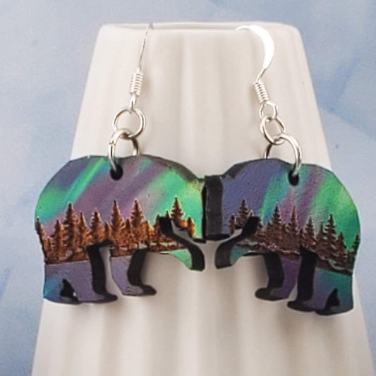 SP Northern Lights Polar Bear - Laser cut Lightweight Wood earrings - Silver Plated Hooks