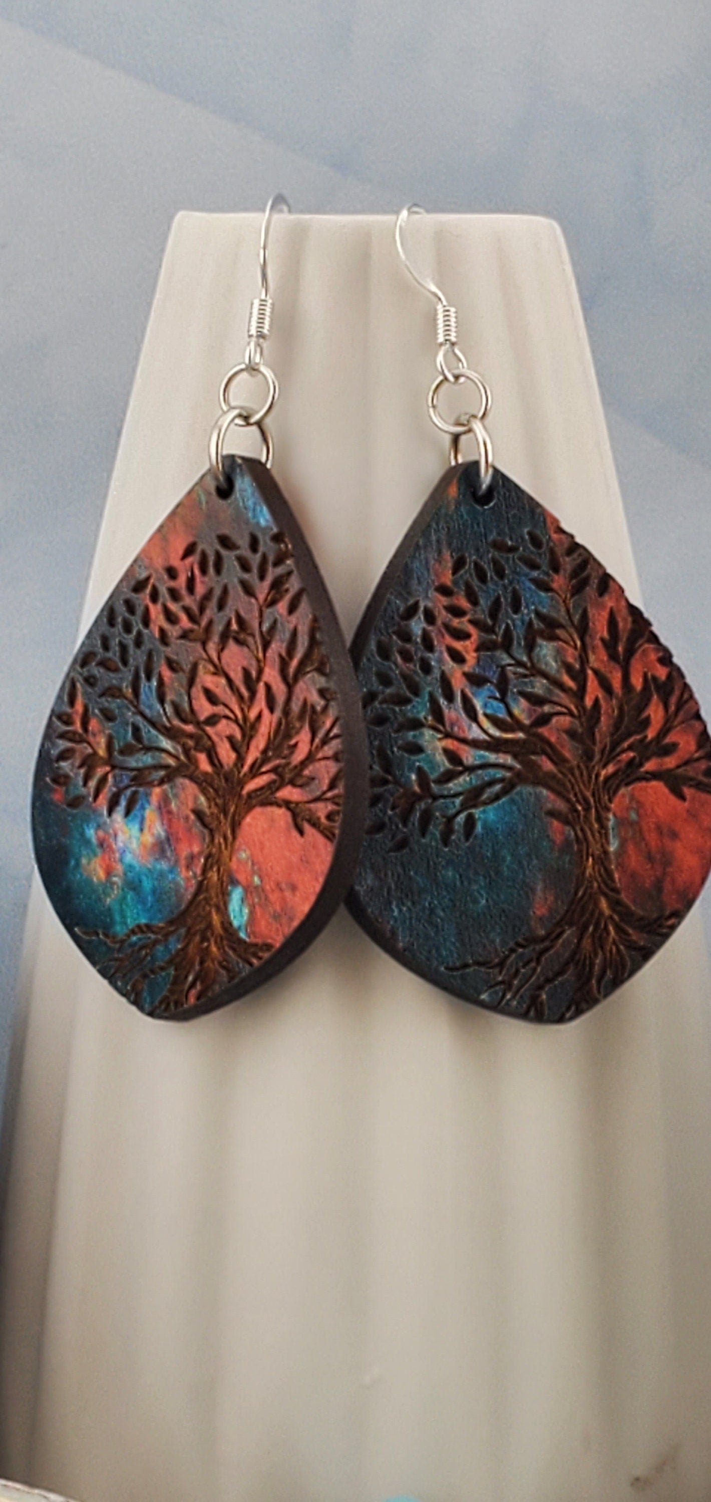 D Magical Night Tree - Laser cut Lightweight Wood earrings - Silver Plated Hooks