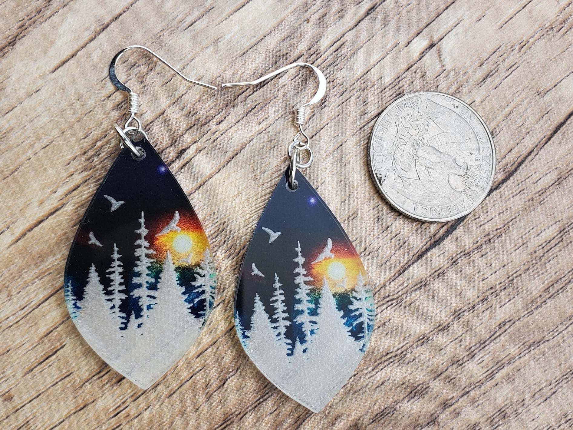 SP Mountain and Lake Sunset Sky - Laser cut Lightweight Acrylic earrings - Silver Plated Hooks