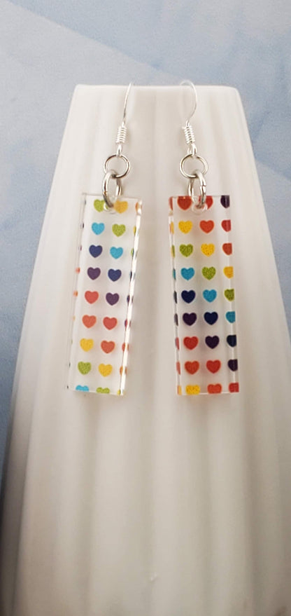 SP Rainbow Hearts - Laser cut Lightweight Acrylic earrings -Silver Plated Hooks