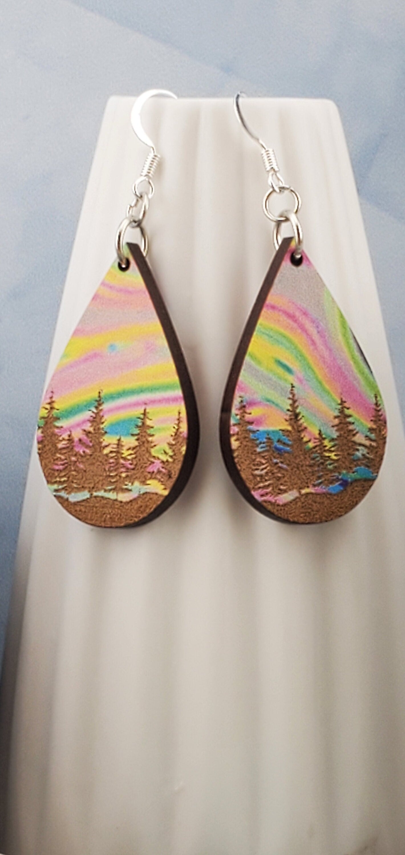SP Colorful Tree Line earrings - Laser cut Lightweight Wood earrings - Silver Plated Hooks
