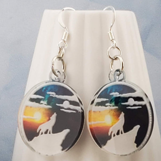 SP Howling Wolf- Sunset Sky earrings - Laser cut Lightweight Acrylic earrings - Silver Plated Hooks