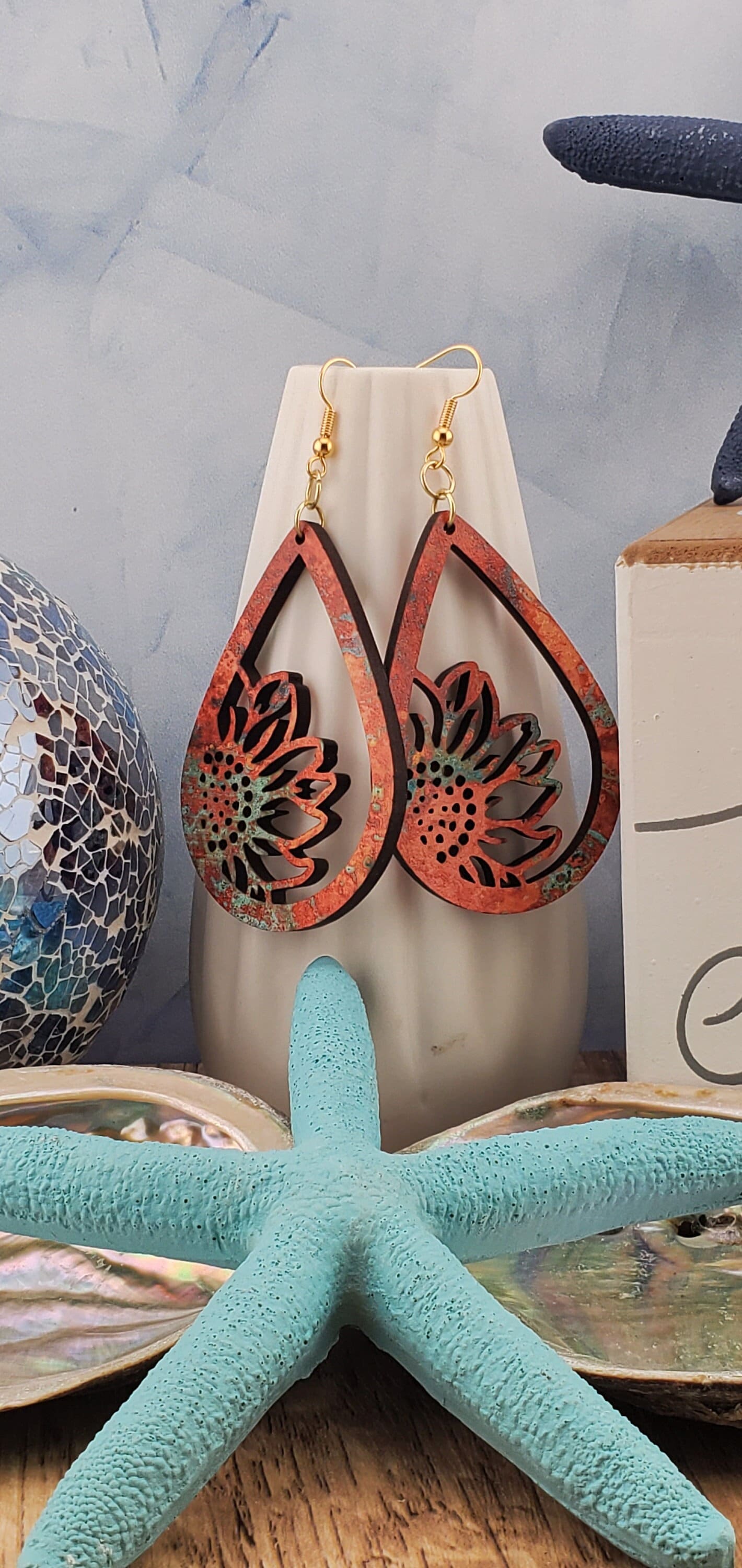 GP Autumn Sunflower - Laser cut Lightweight Wood earrings - Gold Plated Hooks