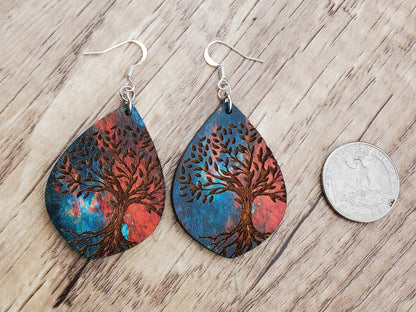 D Magical Night Tree - Laser cut Lightweight Wood earrings - Silver Plated Hooks