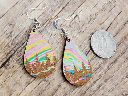 SP Colorful Tree Line earrings - Laser cut Lightweight Wood earrings - Silver Plated Hooks