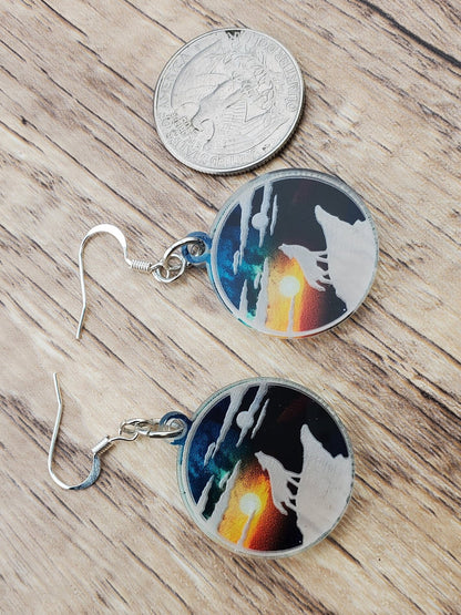 SP Howling Wolf- Sunset Sky earrings - Laser cut Lightweight Acrylic earrings - Silver Plated Hooks