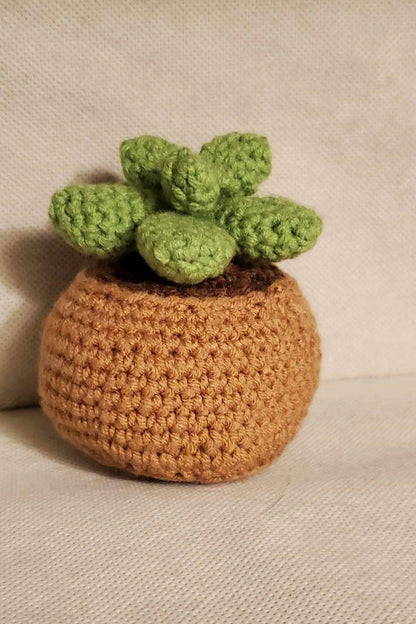 Handcrafted crochet succulent in a brown crochet pot.