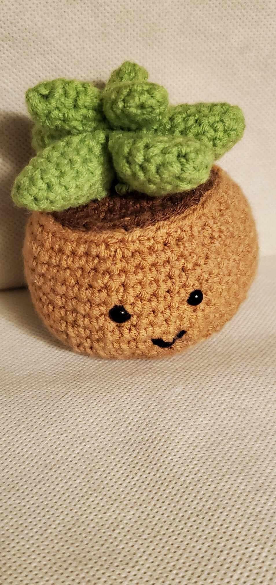 Handcrafted crochet succulent in a brown crochet pot.