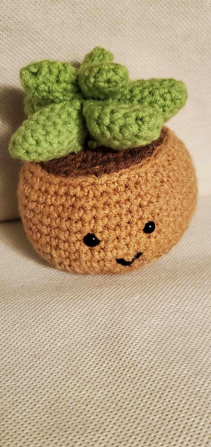Handcrafted crochet succulent in a brown crochet pot.