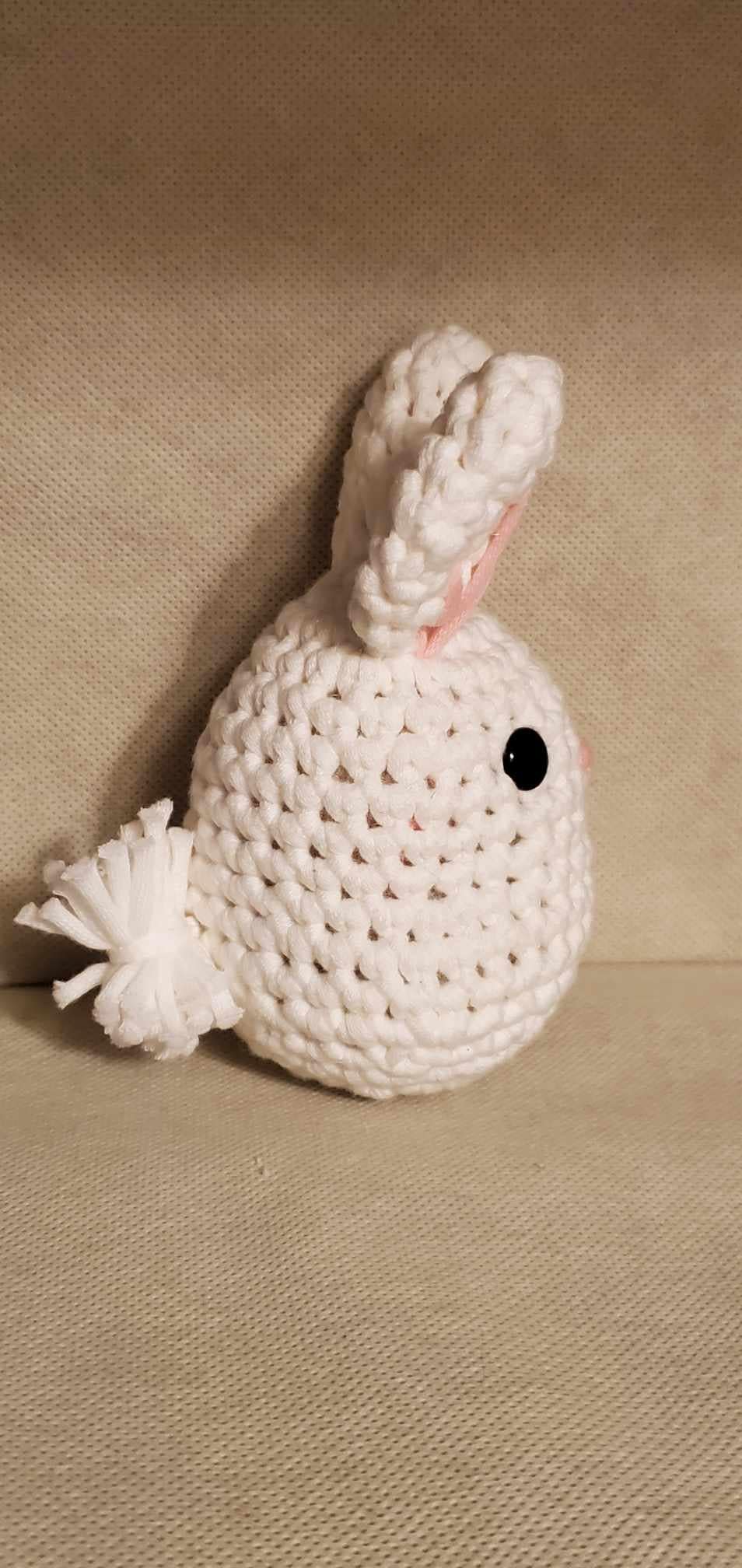Handcrafted crocheted bunny buddy named Judy. White with pink ears and nose.