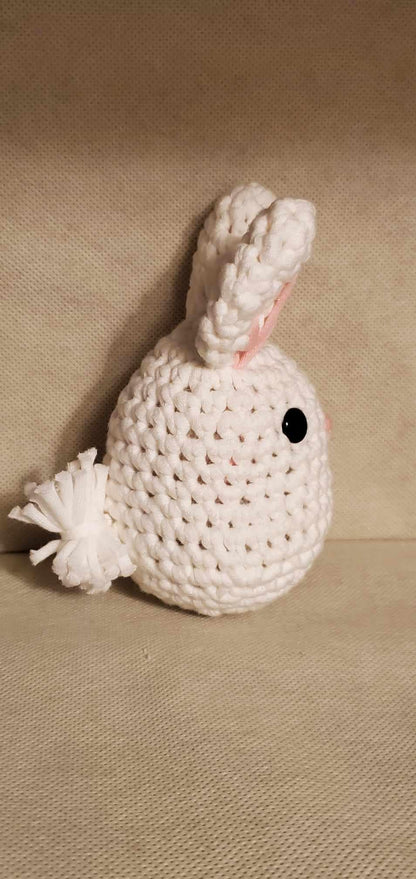 Handcrafted crocheted bunny buddy named Judy. White with pink ears and nose.