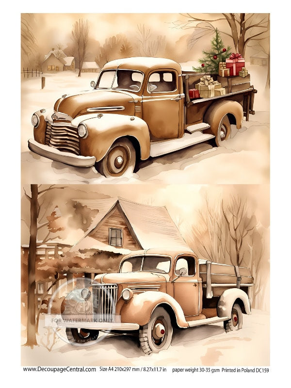 A4 Sepia Truck Duo Rice Paper - Old Fashioned Trucks in the winter