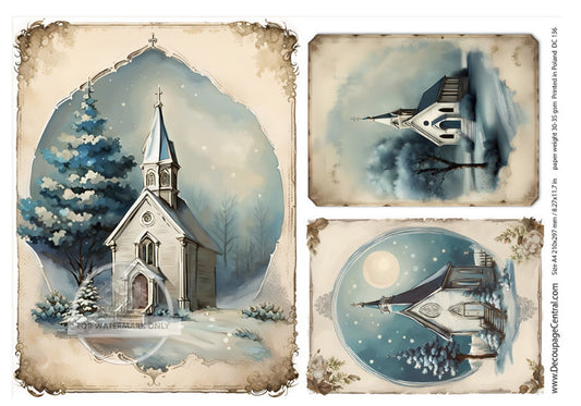 A4 Winter Church Rice Paper in a Country Scene