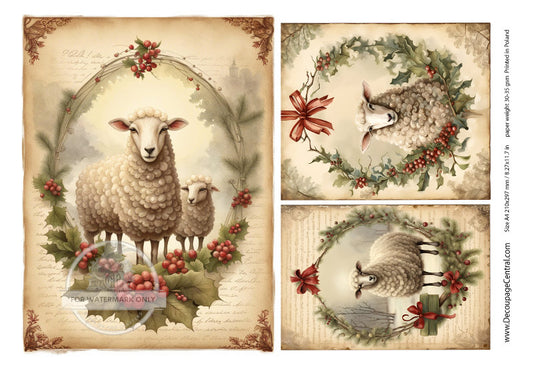 A4 Trio of Christmas Sheep Rice Paper