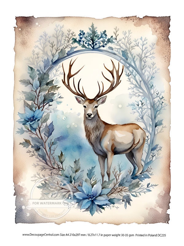 A4 Blue Stag with floral frame Rice Paper