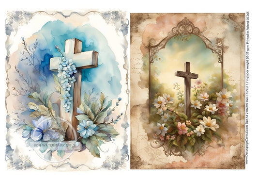 A4 Floral Cross Duo Rice Paper - Faith, Cross, Floral