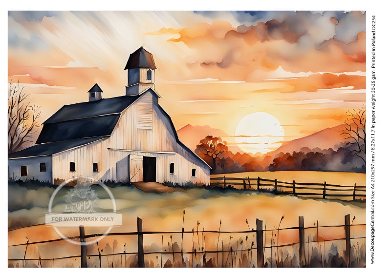 A4 Amish Barn Sunset Rice Paper