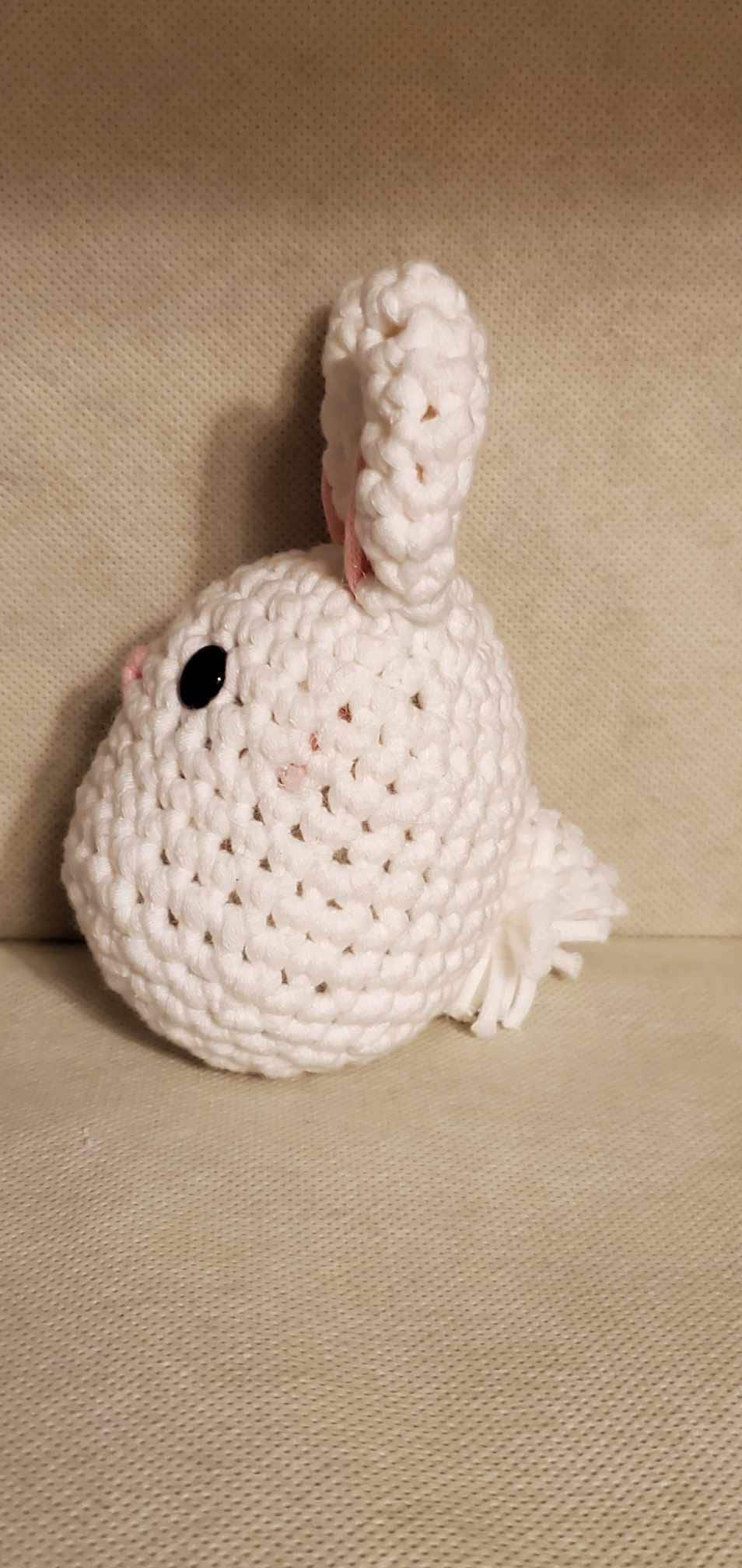 Handcrafted crocheted bunny buddy named Judy. White with pink ears and nose.