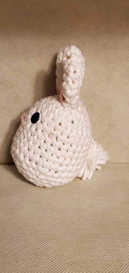 Handcrafted crocheted bunny buddy named Judy. White with pink ears and nose.