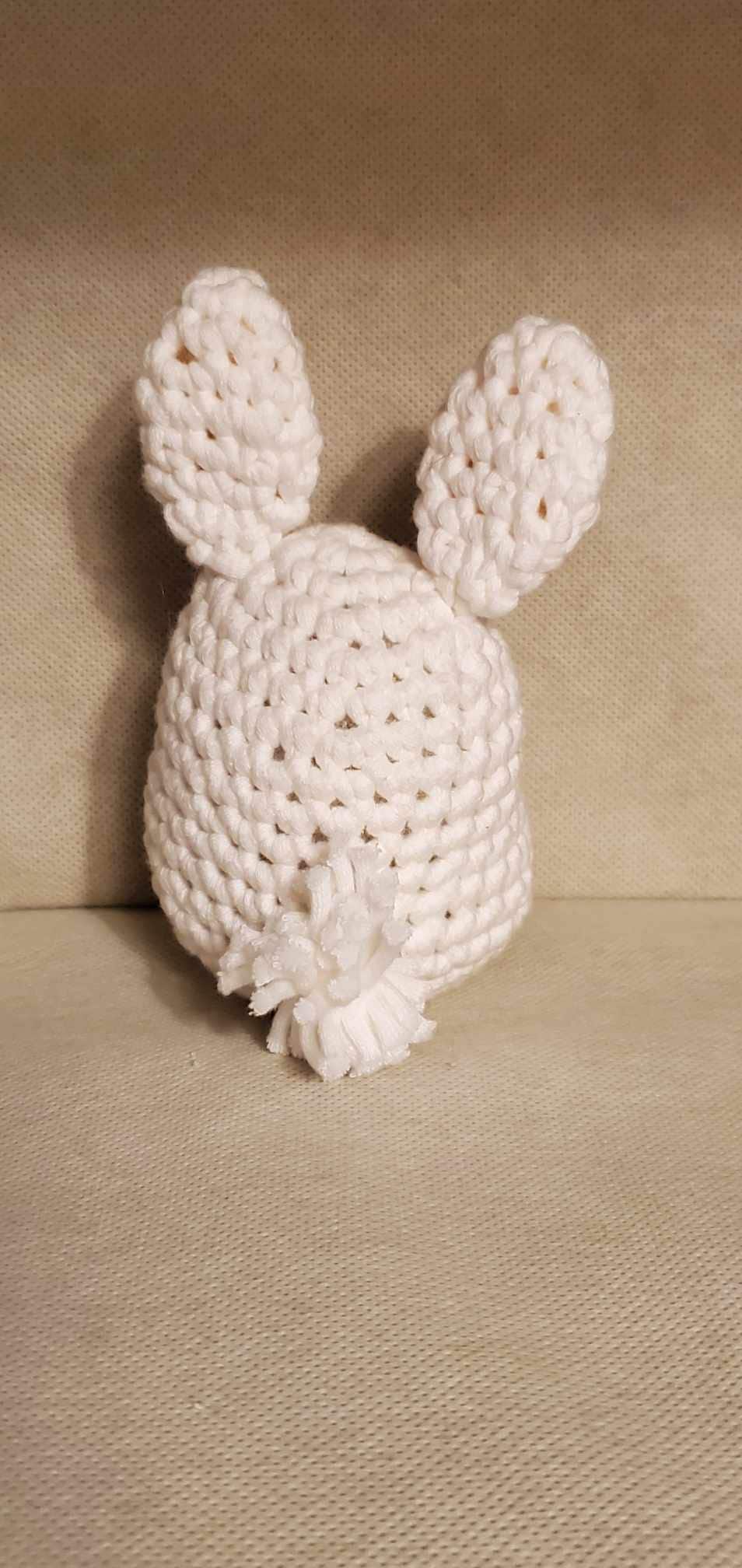 Handcrafted crocheted bunny buddy named Judy. White with pink ears and nose.