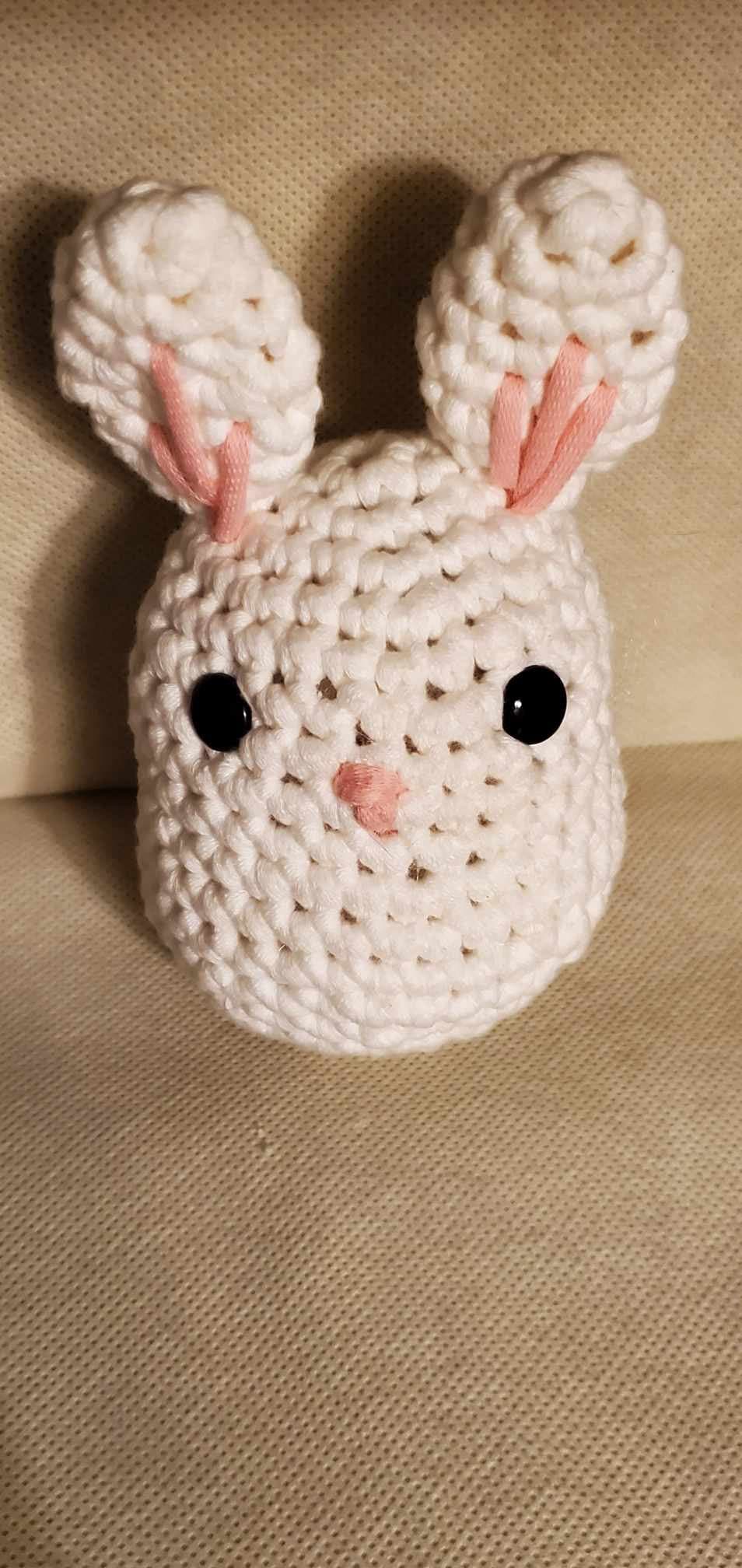 Handcrafted crocheted bunny buddy named Judy. White with pink ears and nose.