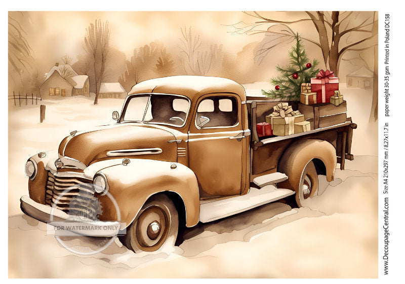 A4 Sepia Truck Rice Paper - Old Fashioned Truck loaded for the holidays with Christmas presents.