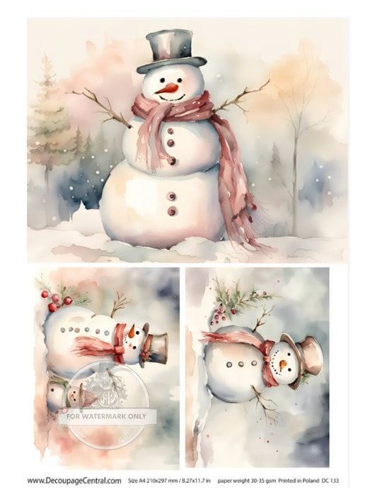 A4 Snowman Trio Rice Paper - Cute snowmen in a wintry scene